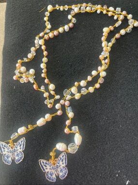 Handcrafted Gold Pearl Lariat Necklace with Blue Butterfly Charms